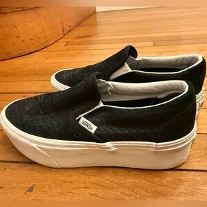 Vans Black and White Slip-On Platform Shoes - textured weave black material